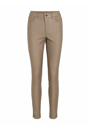 Beige skinnybyxor gjorda av ett slätt, elastiskt material. Har framfickor, dragkedja och en metallknapp i midjan.