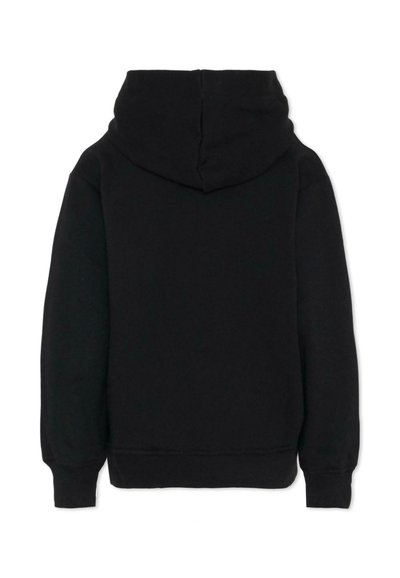 Zwarte hooded sweatshirt met lange mouwen, gemaakt van zacht materiaal. Heeft een eenvoudig ontwerp, ribbels bij de mouwen en een rechte onderkant. Geen details aan de voorkant.
