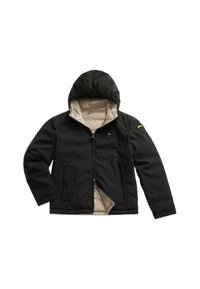 Schwarze Kapuzenjacke mit beigem, gestepptem Innenfutter, Frontreißverschluss, zwei Reißverschlusstaschen und einem gelben Logopatch am linken Ärmel.