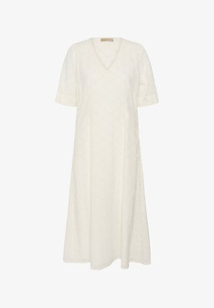 Robe midi blanche à manches courtes, col en V, ornée d'une délicate broderie ajourée sur tout le tissu.