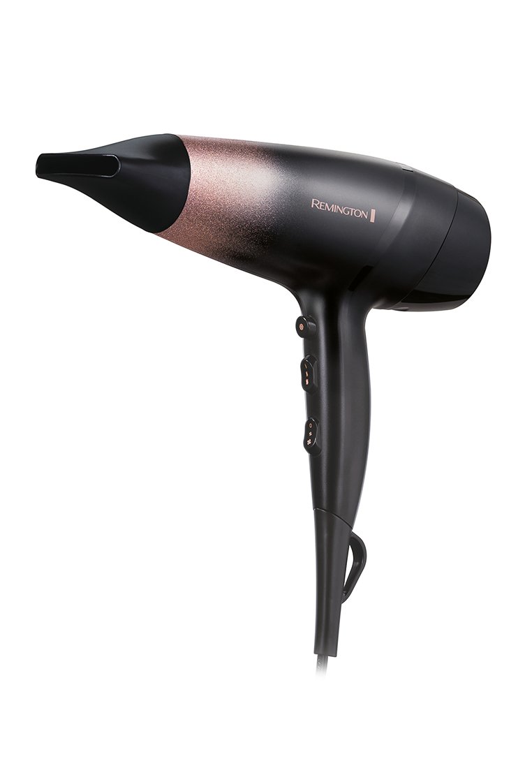 Asciugacapelli Remington con corpo nero caratterizzato da un'elegante sfumatura di oro rosa, manico ergonomico, tre pulsanti di controllo e un lungo cavo di alimentazione.
