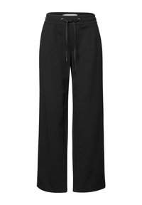 Pantalons de survêtement noirs à jambes larges avec taille élastique et cordon de serrage, fabriqués en tissu doux et confortable.