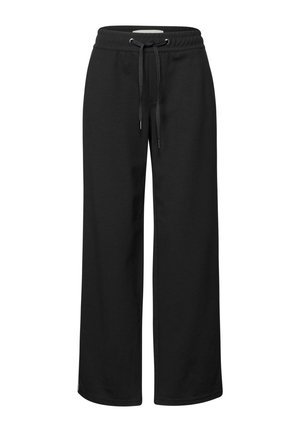 Black wide-leg sweatpants with elastic waistband and drawstring closure, made from soft, comfortable fabric.