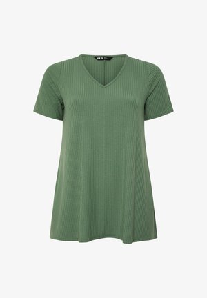 Grünes, geripptes Kurzarmoberteil mit V-Ausschnitt und lockerem Schnitt, aus weichem Stretchstoff gefertigt.