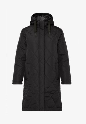 Black quilted long coat with a hood, featuring diagonal diamond pattern, two side pockets, and adjustable drawstring in the hood.