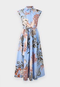 Φόρεμα μέσης μήκους χωρίς μανίκια σε ανοιχτό γαλάζιο χρώμα με γιακά, κουμπιά μπροστά, υφασμάτινη ζώνη και σχέδιο με κοράλλια, κοχύλια και φύκια.