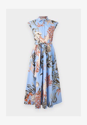 Modré bezrukávové midi šaty s límcem, knoflíky vpředu, látkovým páskem a potiskem korálů, mušlí a mořských řas.