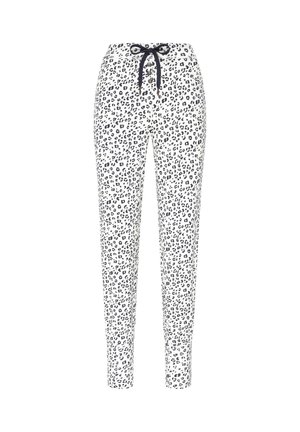 Hvide pyjamasbukser med sort leopardprint, der har snøre i taljen og smal benform. Blødt stof med en glat tekstur.