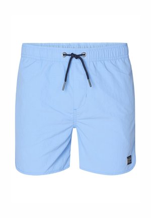 Lichtblauwe zwemshorts van stof met een gladde textuur. Voorzien van een elastische tailleband met een marineblauwe trekkoord en een merkembleem.