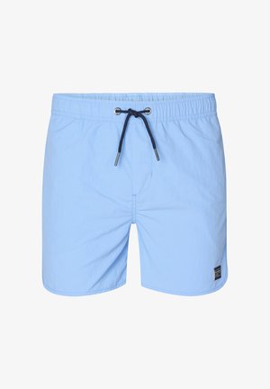 Lichtblauwe zwemshorts van stof met een gladde textuur. Voorzien van een elastische tailleband met een marineblauwe trekkoord en een merkembleem.