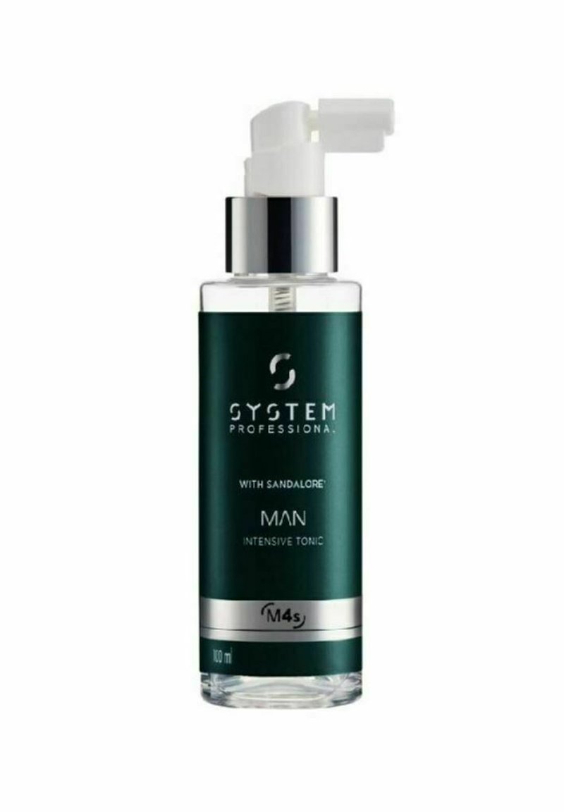 System Professional Man Intensive Tonic haarbehandeling fles, donker groene verpakking, witte pompdispenser, inhoud 100 ml.
