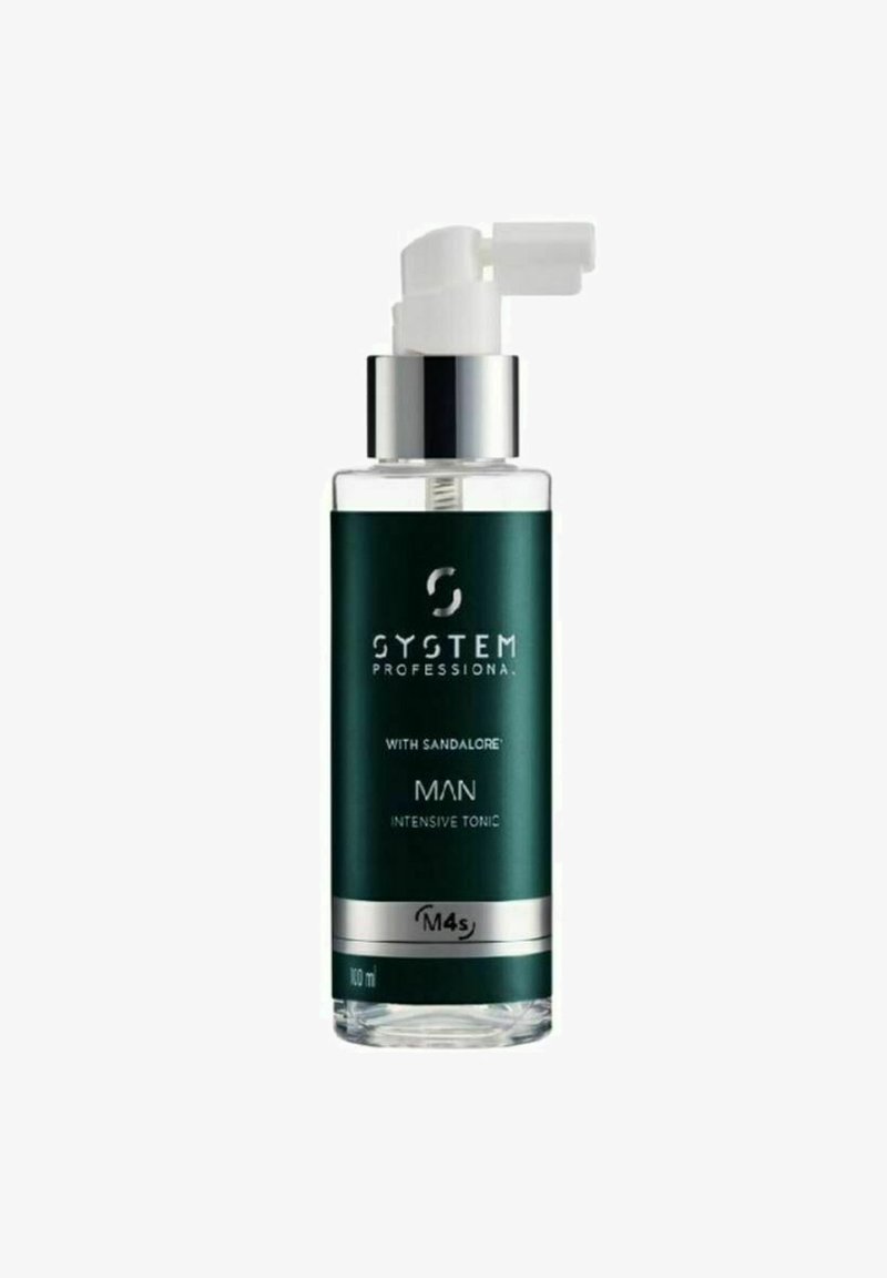 System Professional Man Intensive Tonic haarbehandeling fles, donker groene verpakking, witte pompdispenser, inhoud 100 ml.