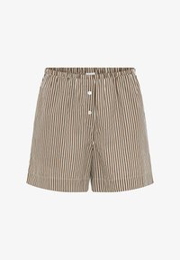 Pantalones cortos de rayas verticales marrones y blancas, con cintura elástica y dos botones blancos en la parte delantera.