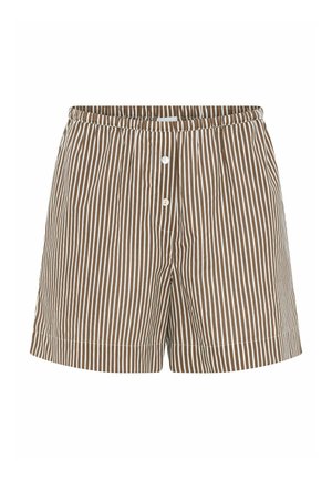 Braun-weiße Shorts mit vertikalem Streifenmuster, elastischem Bund und zwei weißen Knöpfen vorne.