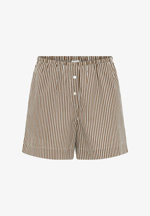 Braun-weiße Shorts mit vertikalem Streifenmuster, elastischem Bund und zwei weißen Knöpfen vorne.