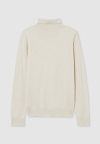Cremefarbener Rollkragenpullover, lange Ärmel, aus weichem Strickstoff, glatte Textur, gerippter Kragen und Bündchen, schlichter Stil, ohne Muster oder Akzente.