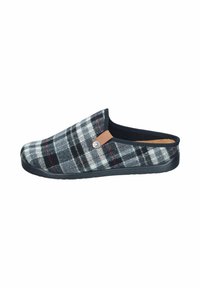 Ruteformet slip-on hjemmesko i grå, sort og rød; stofoverdel med en blød tekstur, en tan accent på siden og en fleksibel sort gummisål.
