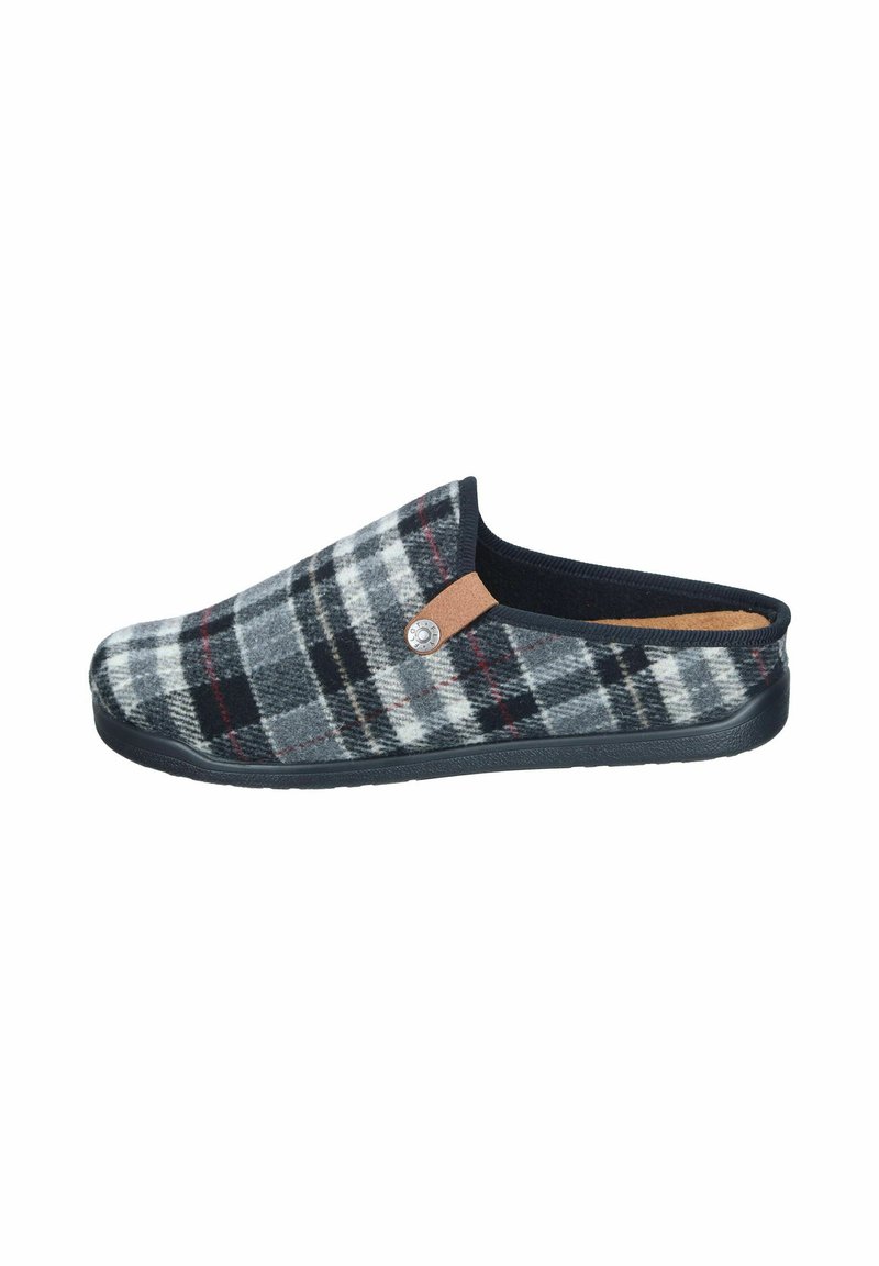 Ruteformet slip-on hjemmesko i grå, sort og rød; stofoverdel med en blød tekstur, en tan accent på siden og en fleksibel sort gummisål.