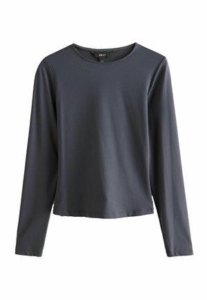 Långärmad, rundhalsad skjorta i mörkgrått. Mjuk,stretchig tyg med en avslappnad passform. Sömmen ligger vid midjan och har dubbelsydda sömmar.