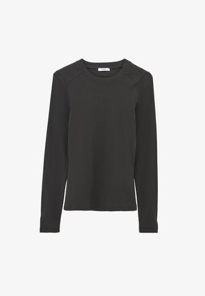 Schwarzes Langarm-T-Shirt aus weichem Stoff, mit rundem Halsausschnitt und geribbelter Textur, mit Nähten an den Schultern.
