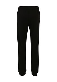 Pantalones deportivos negros con cinturilla elástica y puños ajustados. Fabricados con una tela suave y ligera. Presentan un diseño simple y minimalista.