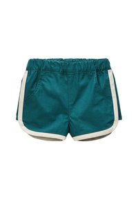 Shorts teal avec une taille élastique, accents latéraux blancs et deux poches devant. Fabriqués en tissu léger, avec une texture lisse et mate.
