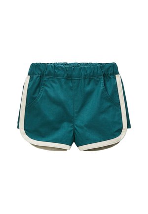 Shorts teal avec une taille élastique, accents latéraux blancs et deux poches devant. Fabriqués en tissu léger, avec une texture lisse et mate.