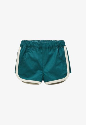 Shorts teal avec une taille élastique, accents latéraux blancs et deux poches devant. Fabriqués en tissu léger, avec une texture lisse et mate.