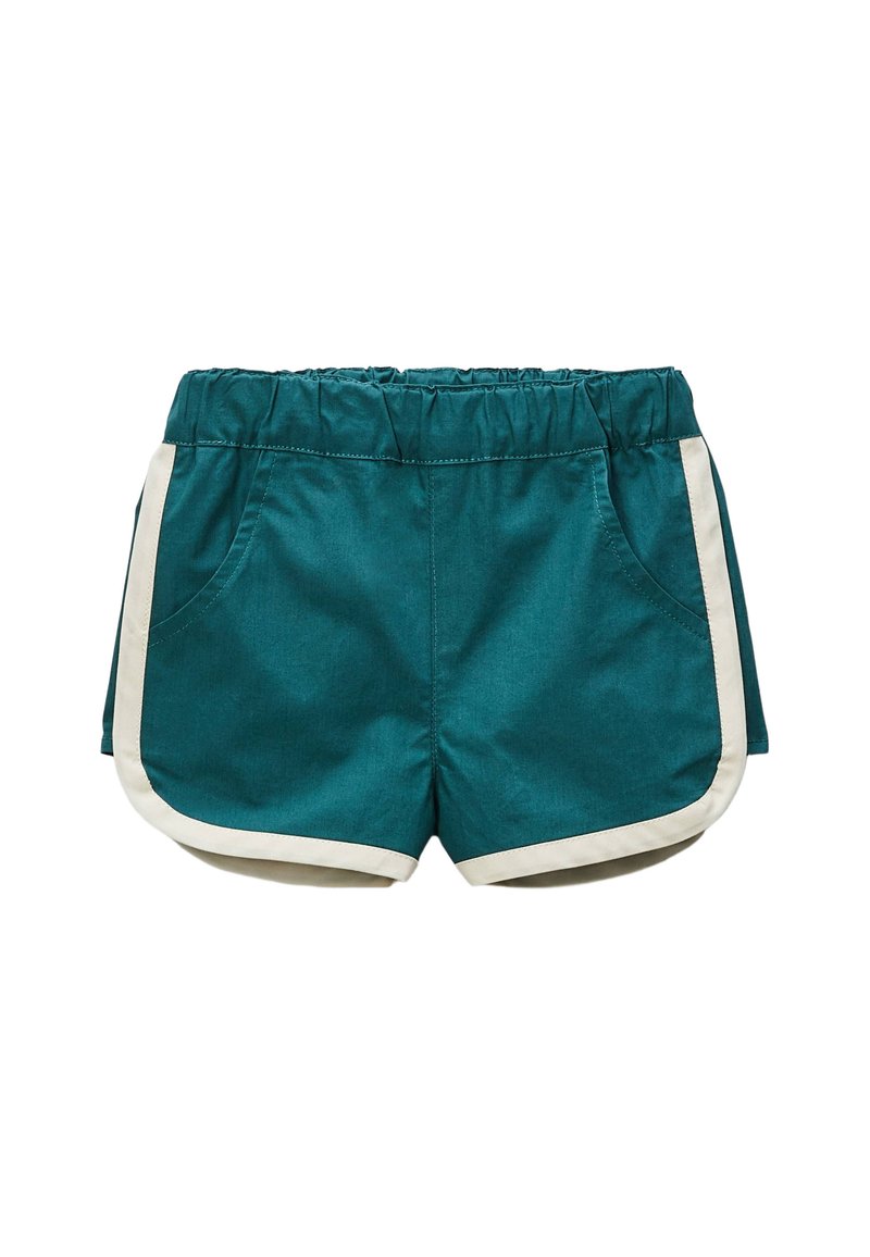 Shorts teal avec une taille élastique, accents latéraux blancs et deux poches devant. Fabriqués en tissu léger, avec une texture lisse et mate.