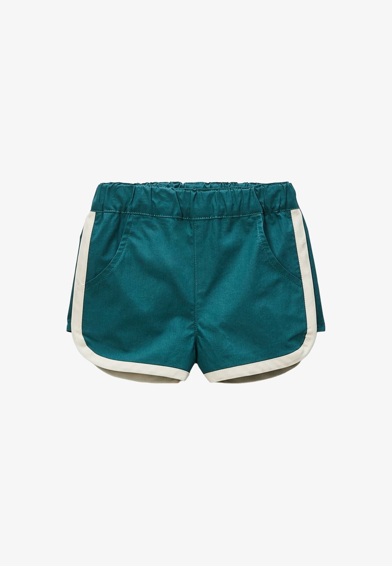 Shorts teal avec une taille élastique, accents latéraux blancs et deux poches devant. Fabriqués en tissu léger, avec une texture lisse et mate.