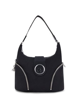Black fabric handbag with a rounded shape, zippered side pockets, a circular logo accent, and a curved shoulder strap.