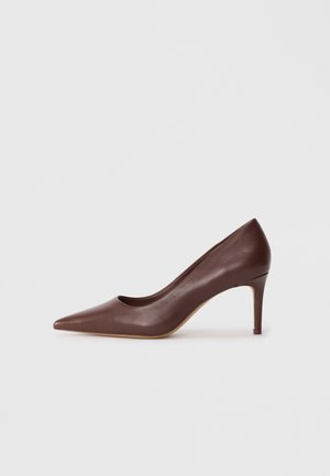 Brune lærspiss toe høyhelte sko med et elegant design og en moderat stiletthæl, som har en jevn tekstur og minimale detaljer.