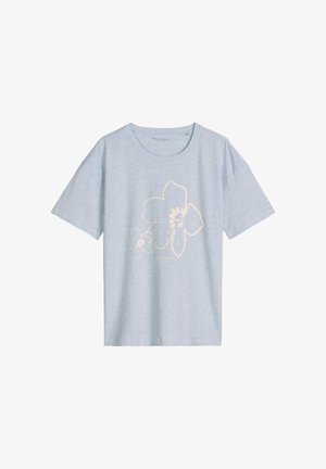 Jasnoniebieska bawełniana koszulka z krótkimi rękawami i kremowym zarysem dwóch dużych kwiatów na przodzie.