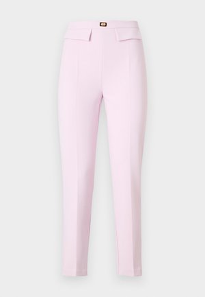 Heledad roosa kõrge talje ja ette volditud väike kuldne nööp vööl. Sujuv kangas, kitsas lõige.