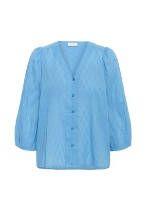 Hellblaues halbtransparentes Blusenshirt mit subtiler Textur, gepufften langen Ärmeln, V-Ausschnitt und vorderem Knopfverschluss.