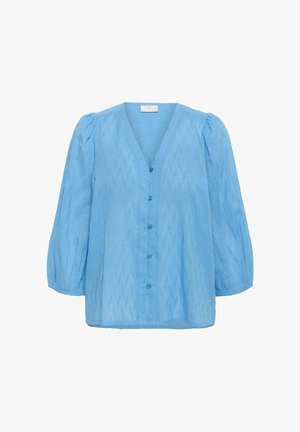 Bluză semi-transparentă de culoare albastru deschis, cu un model texturat subtil, mâneci lungi bufante, decolteu în V și închidere cu butoane în față.