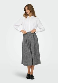 Balts apkakles krekls ar garām piedurknēm, kombinēts ar pelēku plisētu midi svārku. Melni plakani apavi. Vienkāršs, klasiskā dizaina un krāsas izskats.