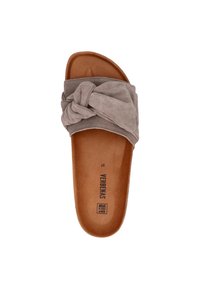 Gray suede slide sandal with a knotted strap design and brown cushioned footbed. Features embossed brand logo and size on the insole.