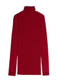 Maglione a collo alto rosso a coste con maniche lunghe, caratterizzato da una silhouette aderente e una texture morbida. Nessun logo o motivo visibile.