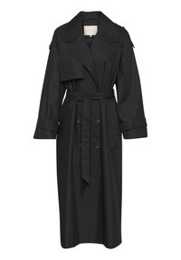 Cappotto nero lungo con chiusura doppiopetto, ampio colletto, vita con cintura e maniche lunghe. Realizzato in tessuto leggero e liscio.