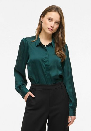 Pitkät ruskeat hiukset omaava nainen, joka pukeutuu tummanvihreään satiinipaitaan ja mustiin korkeavyötäröisiin housuihin, seisoo toisella kädellä taskussa.