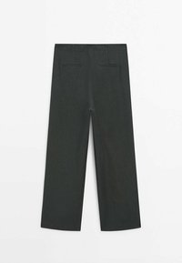 Dark gray wide-leg trousers with two rear welt pockets, displayed flat on a white background.