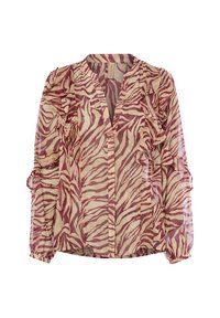 Blusa trasparente con motivo a stampa zebra in ruggine e beige. Presenta dettagli arricciati lungo il davanti e le maniche, con una vestibilità casual.