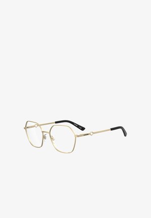 Lunettes octogonales en or avec verres transparents. Monture en métal avec un accent noir sur la branche. Détail remarquable : connecteur en forme de cœur.