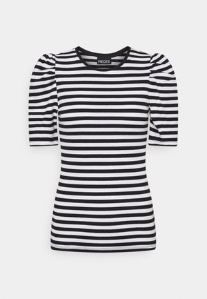 Černobílé vodorovně pruhované tričko s krátkými rukávy, nabíranými rameny a kulatým výstřihem.