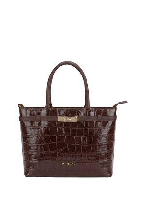 Borsa a mano in pelle verniciata marrone scuro con texture coccodrillo, due manici, chiusura tono oro e logo sul davanti.