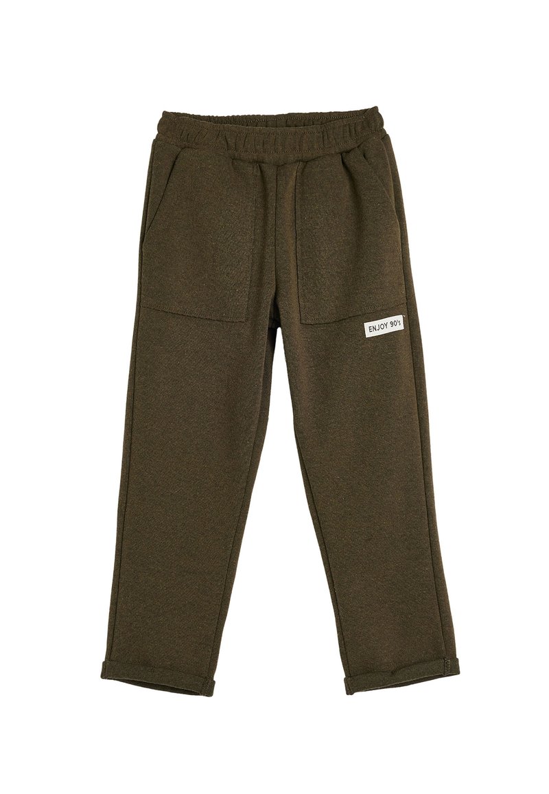 Olivgrüne Jogginghose aus weichem Material, mit einem elastischen Bund, zwei großen Vordertaschen und einem "ENJOY 90's"-Label.