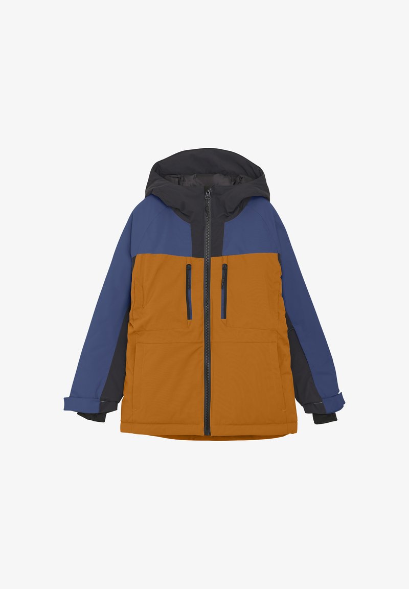 Outdoor-Jacke mit Kapuze, Reißverschluss vorne und zwei Reißverschlusstaschen. Farbblockdesign in Marineblau, Orange und Schwarz, mit einer glatten Textur.