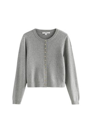 Gray cardigan made of soft knit material. Features a crew neckline, long sleeves, and heart-shaped gold buttons down the front.