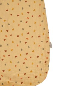 Gelbe Musselin-Decke mit strukturierten Oberflächen, die mehrfarbige, unregelmäßige Punkte in rot, braun, orange und blau-grauen Mustern zeigt.